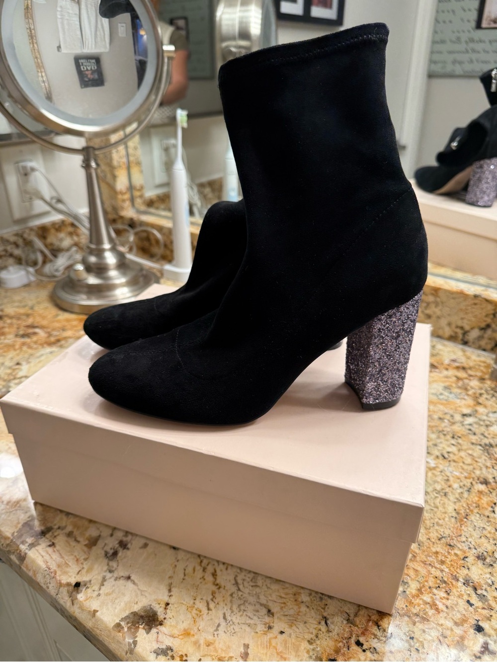 Jewel Badgley Mischka Black Suede Ankle Boots with Glitter Block Heel